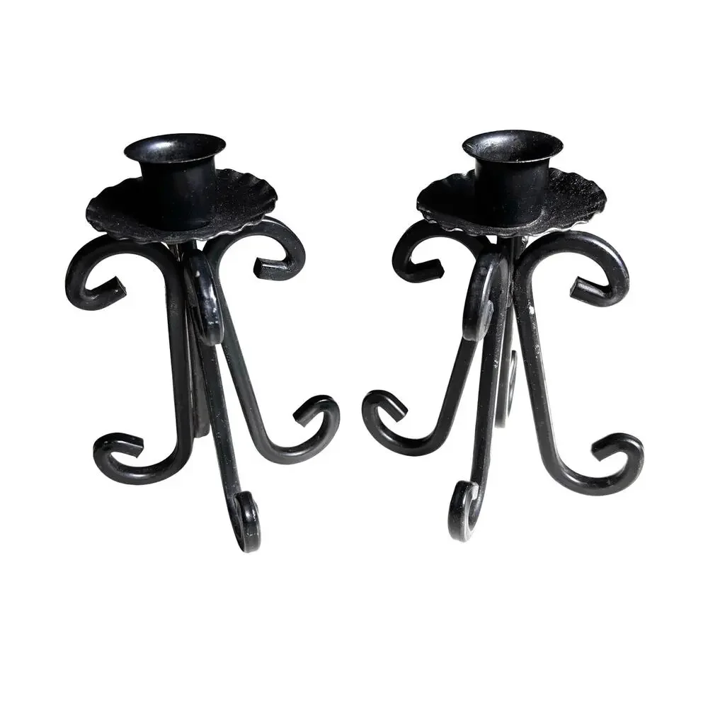Vintage black wrought iron taper candle holders PAIR Spanish Revival mid century